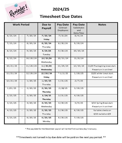 Timesheet Due date 24-25