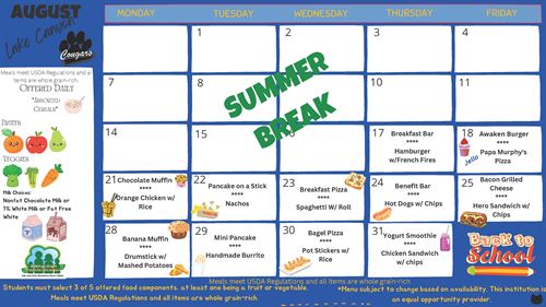 Lake Canyon August Menu