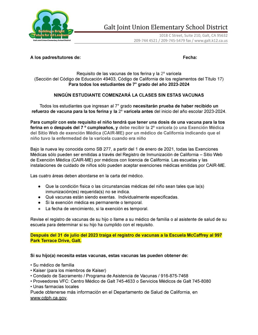 Parent Pertussis Letter Spanish