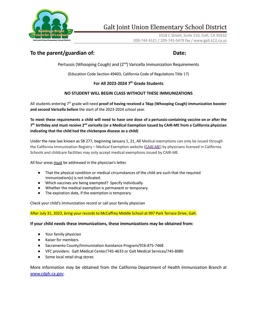 Parent Pertussis Letter